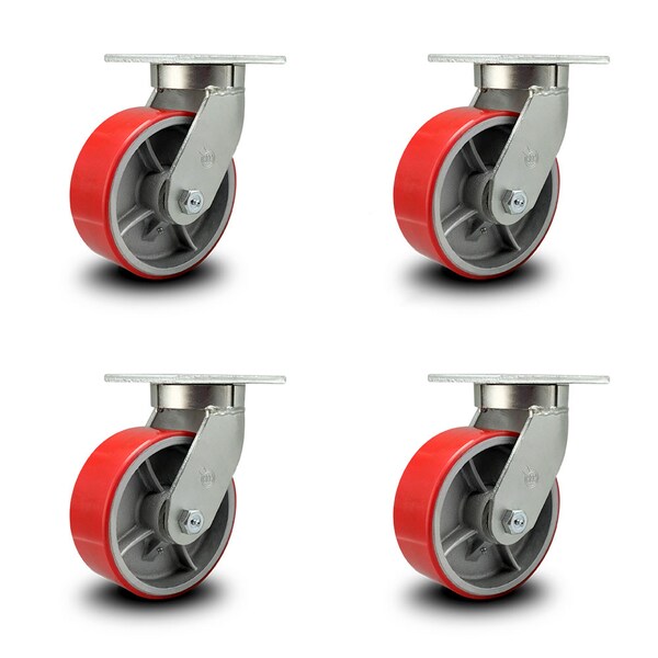 8 Inch Heavy Duty Red Poly on Cast Iron Swivel Caster Set with 2 Swivel Locks